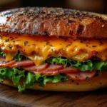 A delicious Knob Sandwich with ham, cheese, and lettuce on a rustic wooden board.