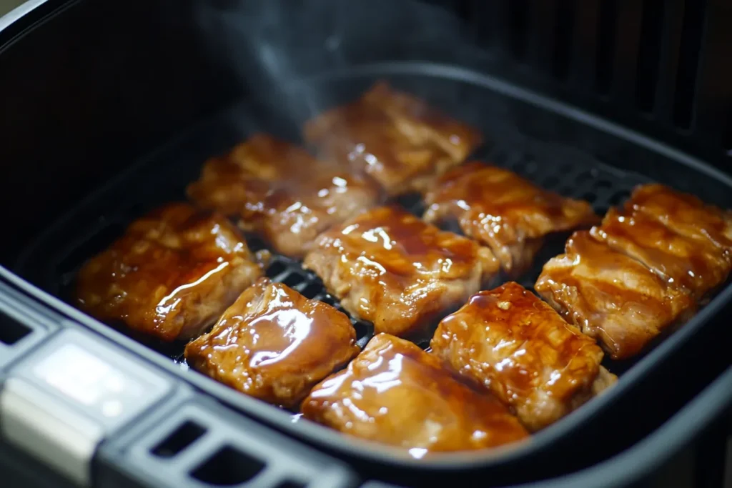 An air fryer basket filled with teriyaki chicken being reheated at 350°F, showing crispy, glossy-coated chicken inside