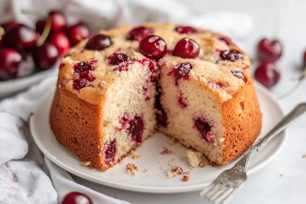 A slice of homemade cherry chip cake on a plate, showing its soft pink texture and cherry bits inside.