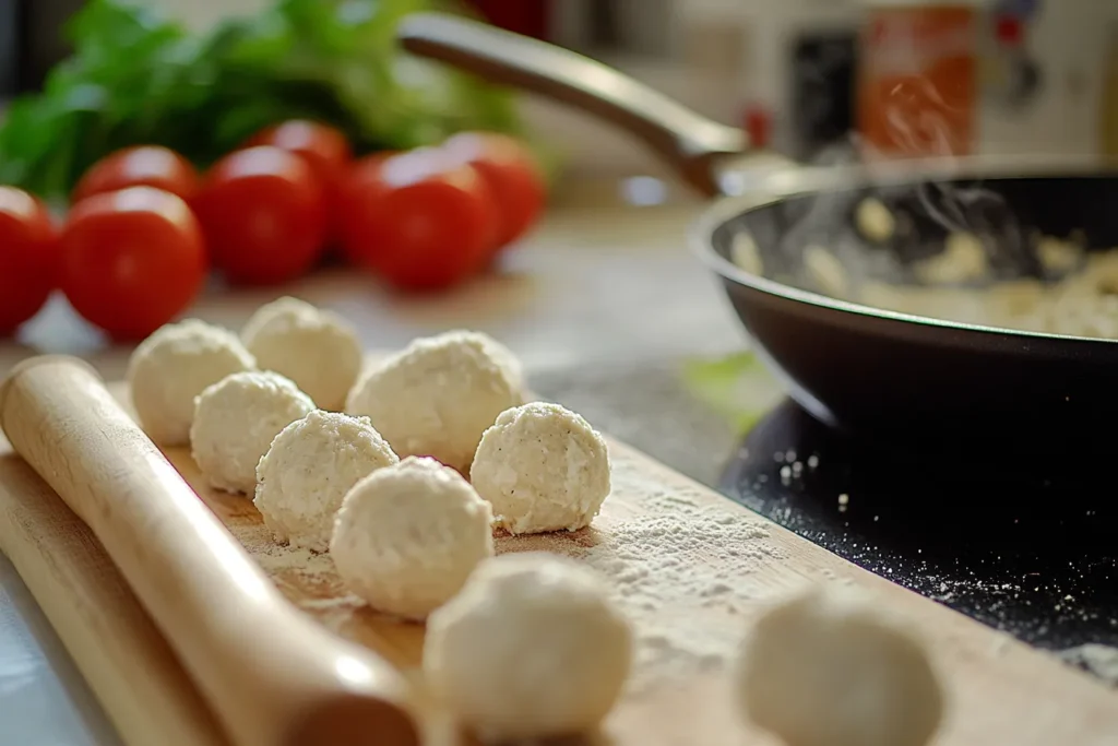 Rolling chicken ricotta meatballs on a wooden board, with a frying pan sizzling with cooked meatballs in the background