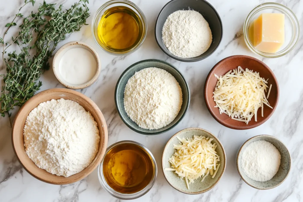 All key ingredients displayed before baking: flour, yeast, herbs, cheese, and more