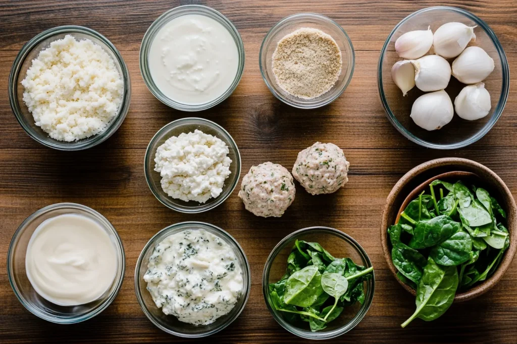 Fresh ingredients including ground chicken, ricotta, Parmesan, spinach, garlic, and seasonings arranged for cooking