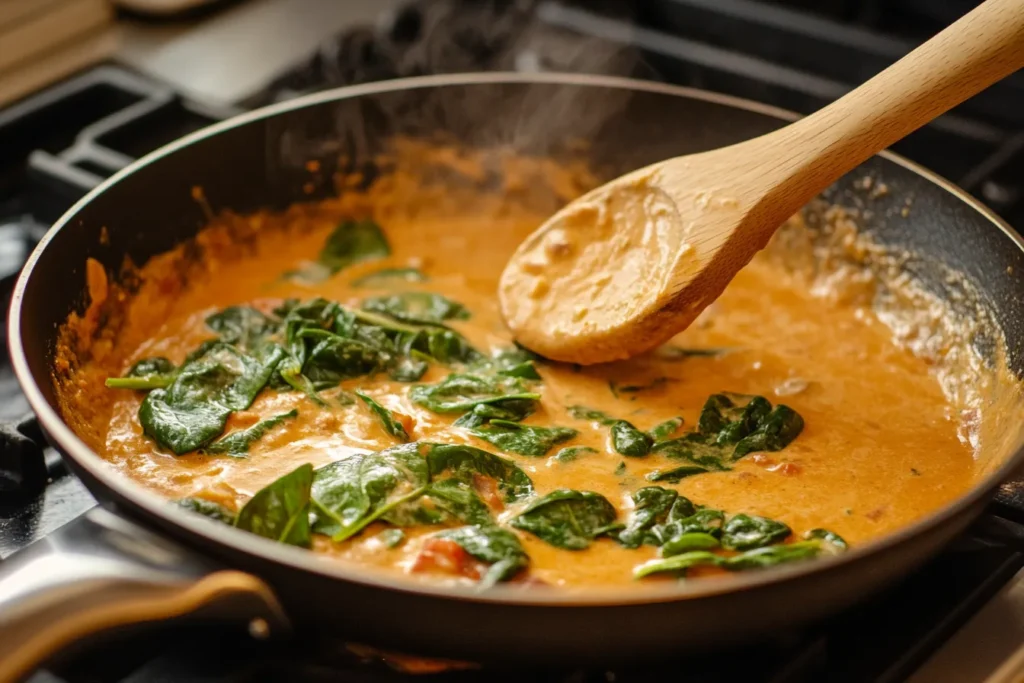 A skillet filled with creamy spinach Alfredo sauce being stirred with a wooden spoon