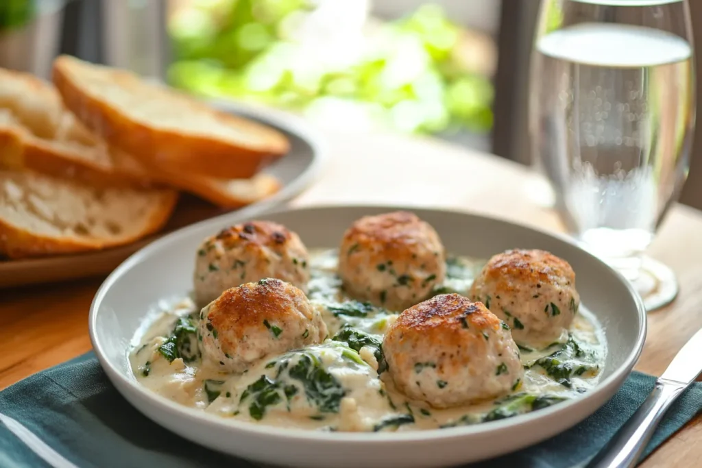 A dinner table setting with chicken ricotta meatballs, spinach Alfredo sauce, garlic bread, and a glass of water