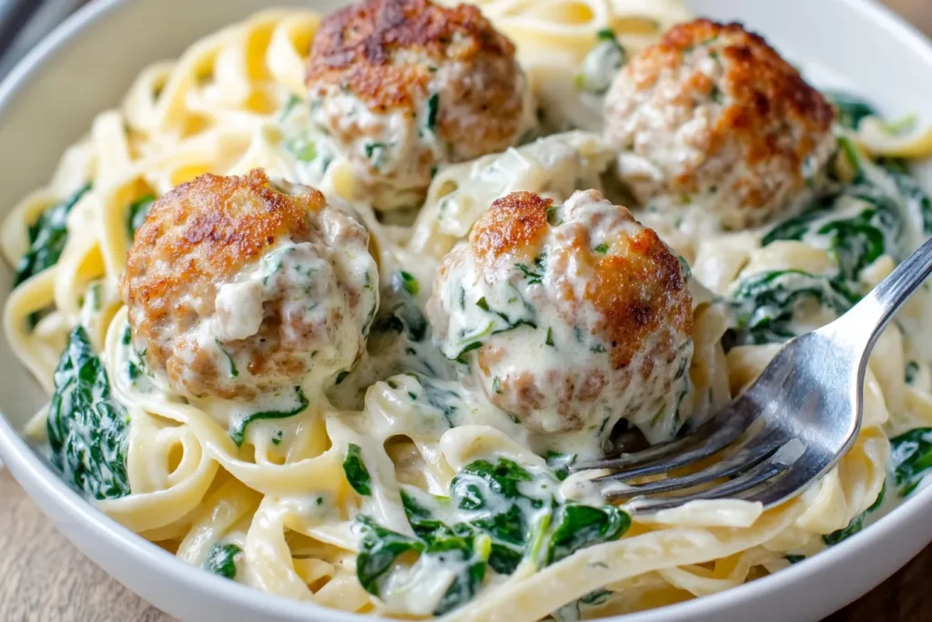 A plate of chicken ricotta meatballs in creamy spinach Alfredo sauce over fettuccine pasta, garnished with Parmesan and parsley