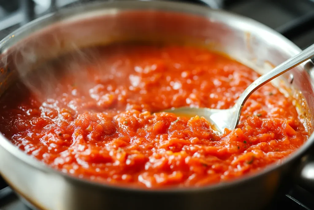 A saucepan with thick tomato sauce simmering, being stirred with a wooden spoon.