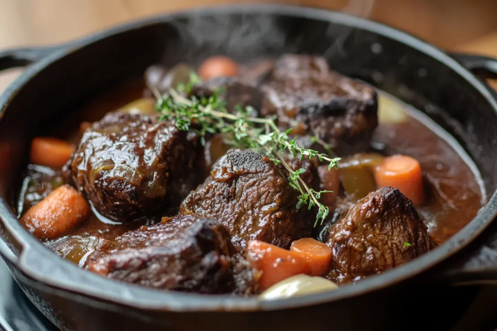 Beef cheek meat slowly braising in a deep red wine sauce with onions, carrots, and fresh herbs in a cast iron pot