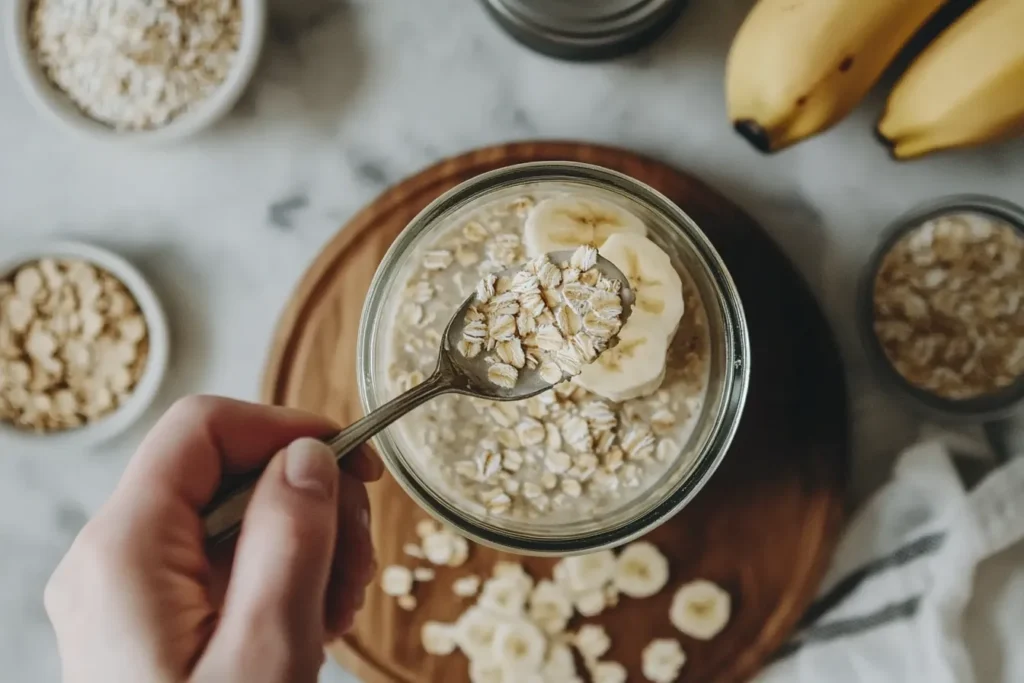Spoonful of overnight oats with banana and oats in the background