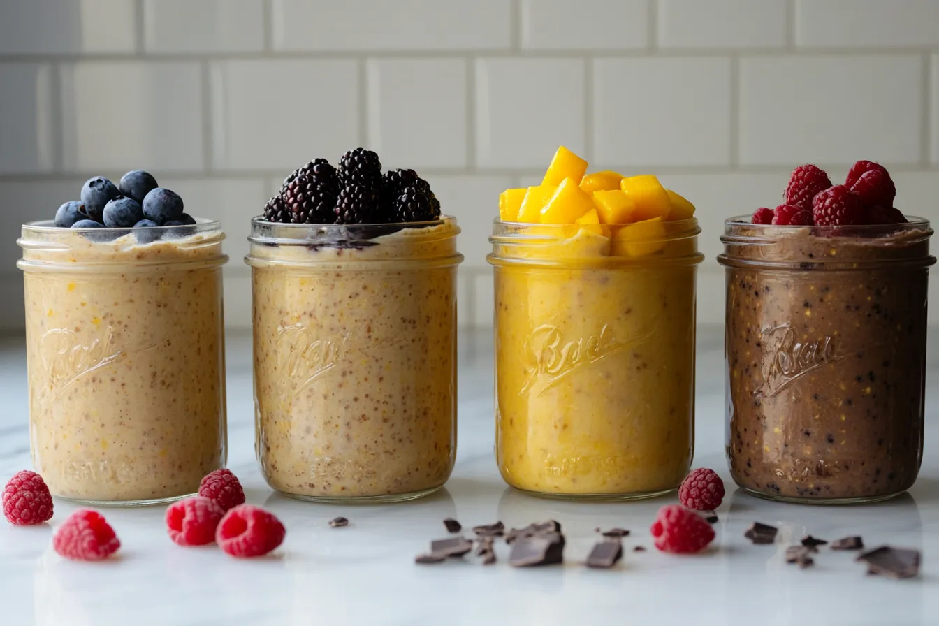 Variety of overnight oats in jars: berry, banana, mango, chocolate