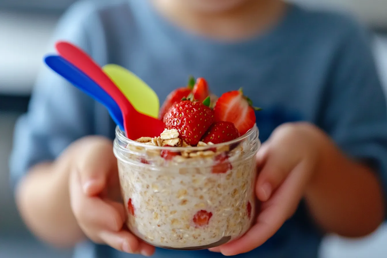 Kid-friendly overnight oats in a small jar with fruit toppings