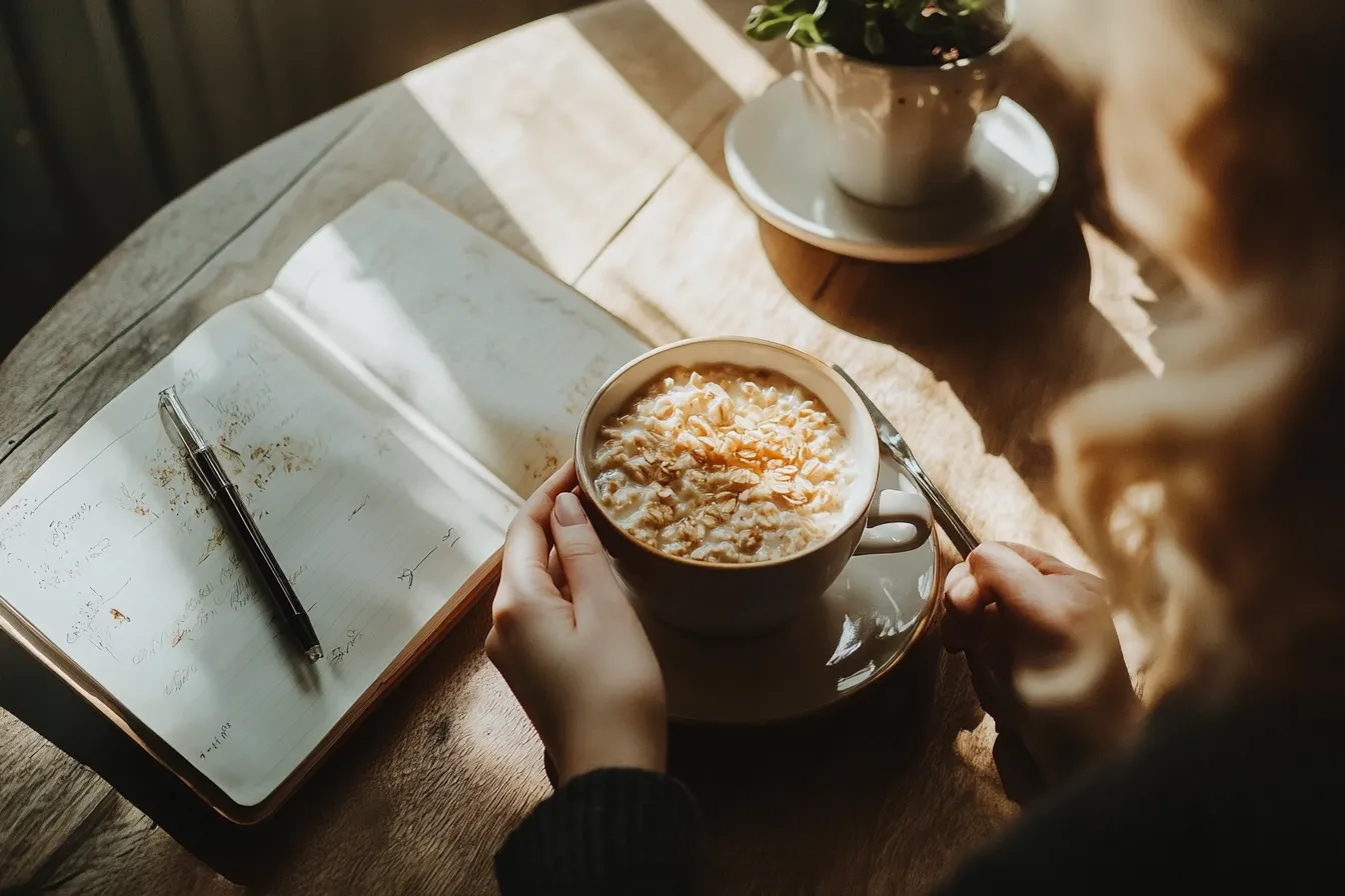 Morning scene with a person enjoying overnight oats at the table