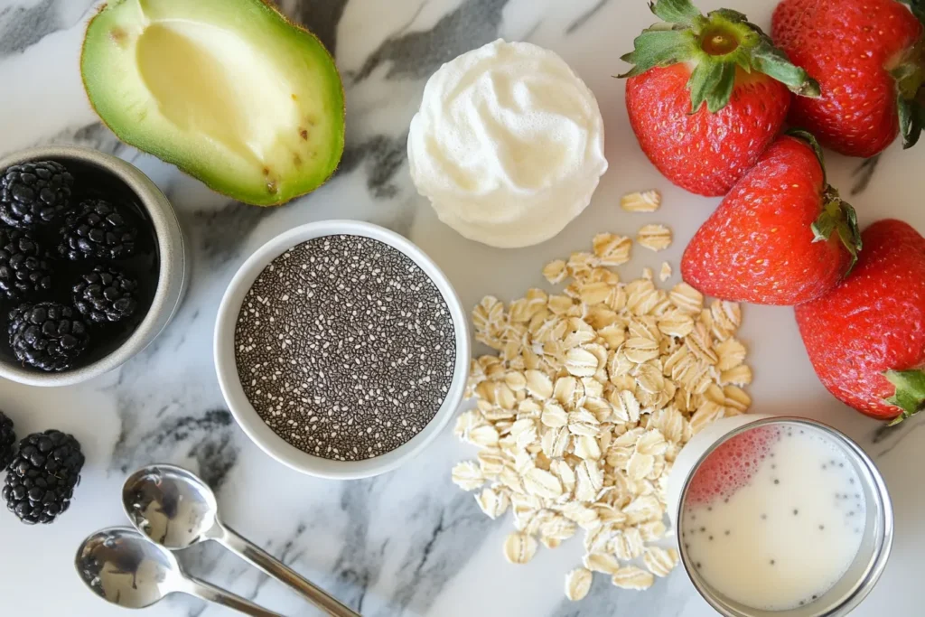 Ingredients for overnight oats: oats, chia, milk, yogurt, and fruit