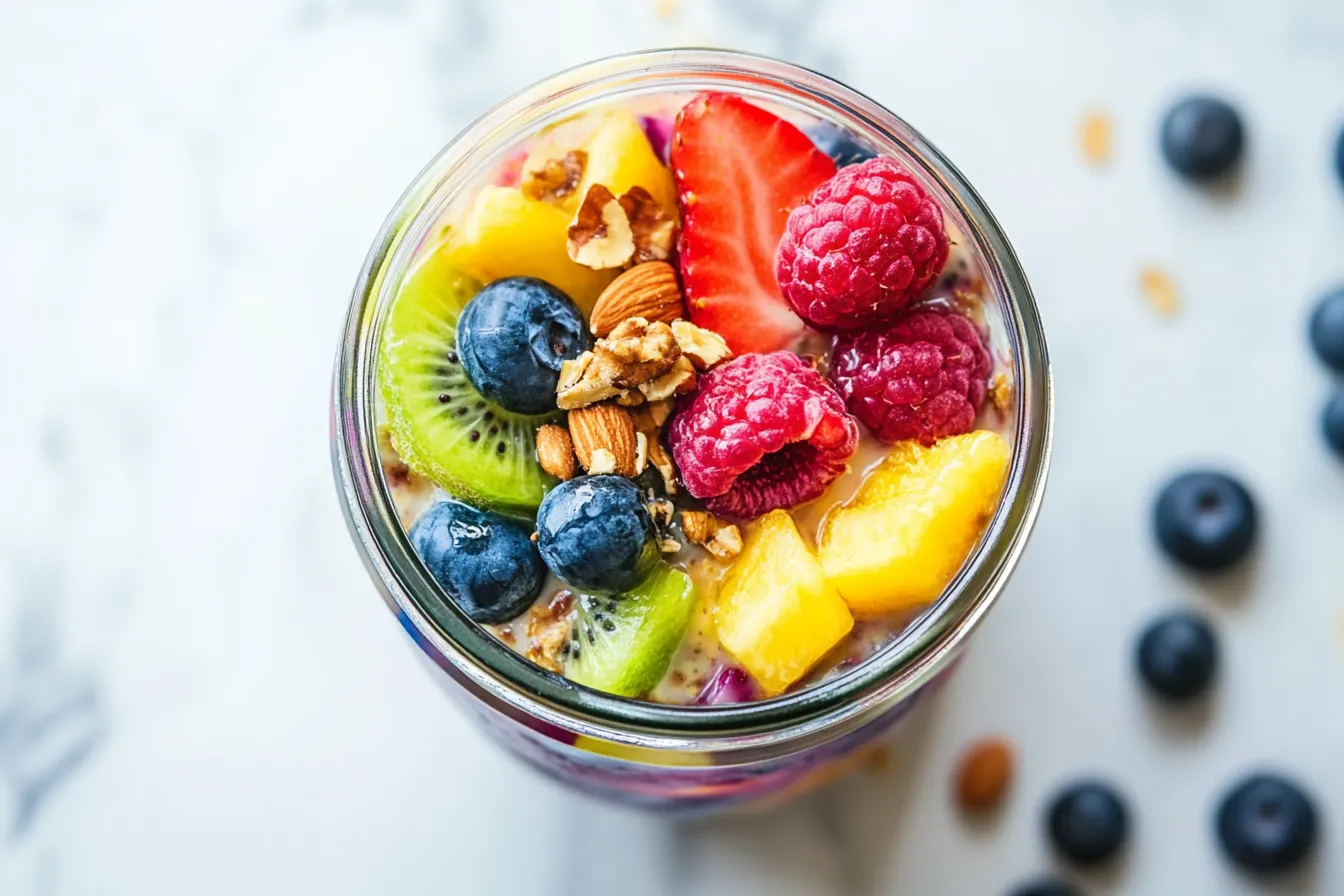 Colorful overnight oats in a jar with fruit, seeds, and nuts on top