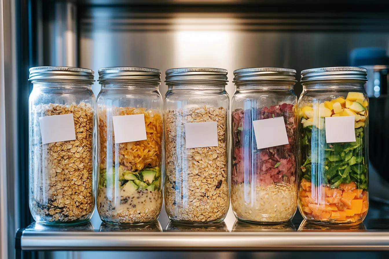 Meal-prepped jars of overnight oats stored in a fridge for the week
