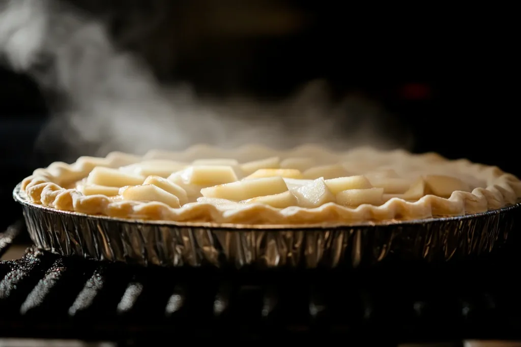 Unbaked apple pie with crimped crust and steam slits