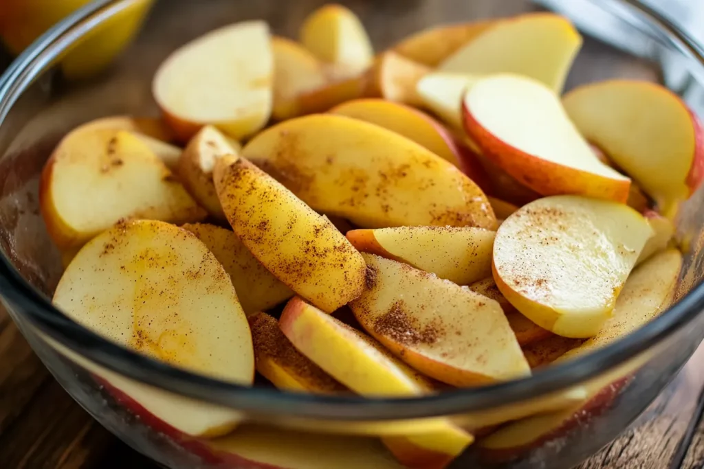 Apple slices coated with cinnamon and sugar for pie