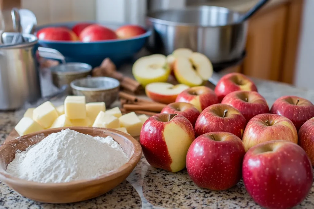 Apple pie ingredients displayed on a kitchen counter