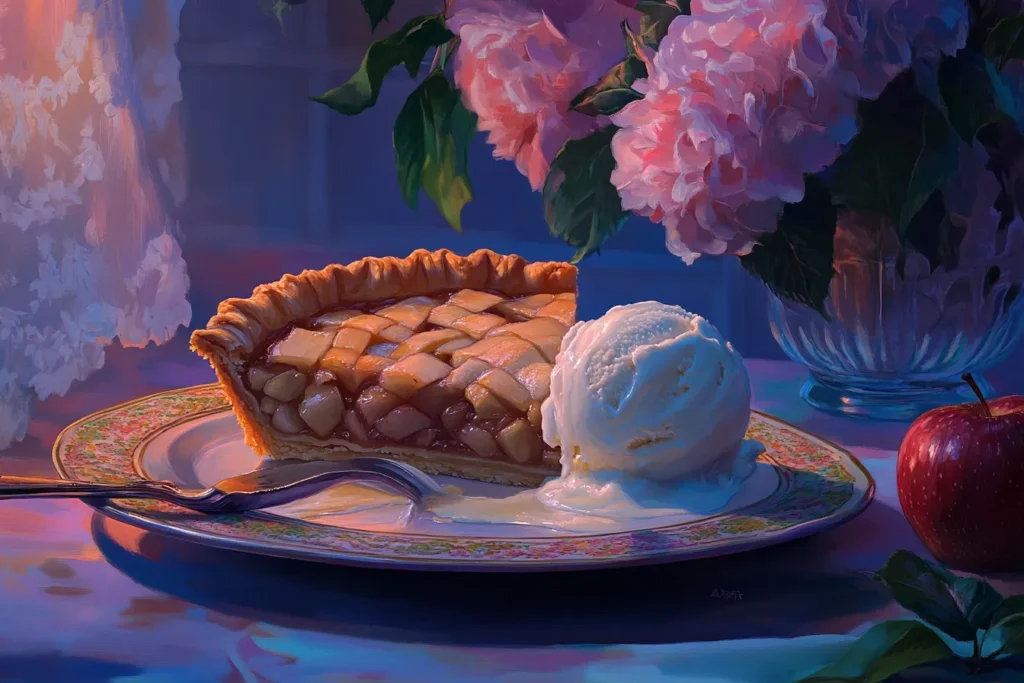 Slice of warm apple pie with vanilla ice cream