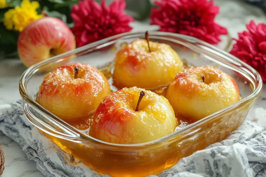 Warm baked apples fresh out of the oven in a dish