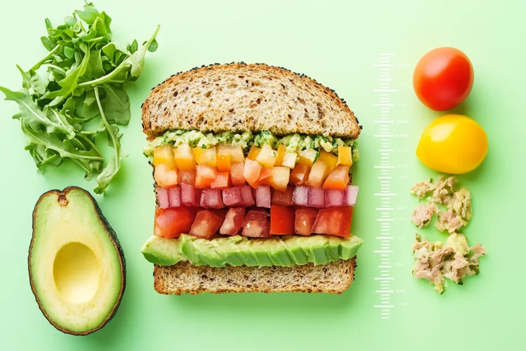 Nutrition facts infographic showing macros for avocado tuna sandwich