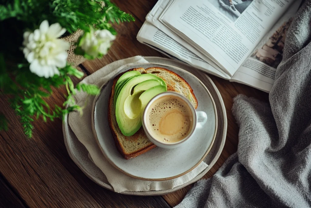 Cozy breakfast setup with avocado toast and coffee
