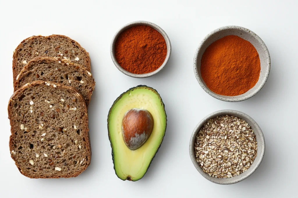 Flat lay of fresh avocados, wholegrain bread, and healthy toppings