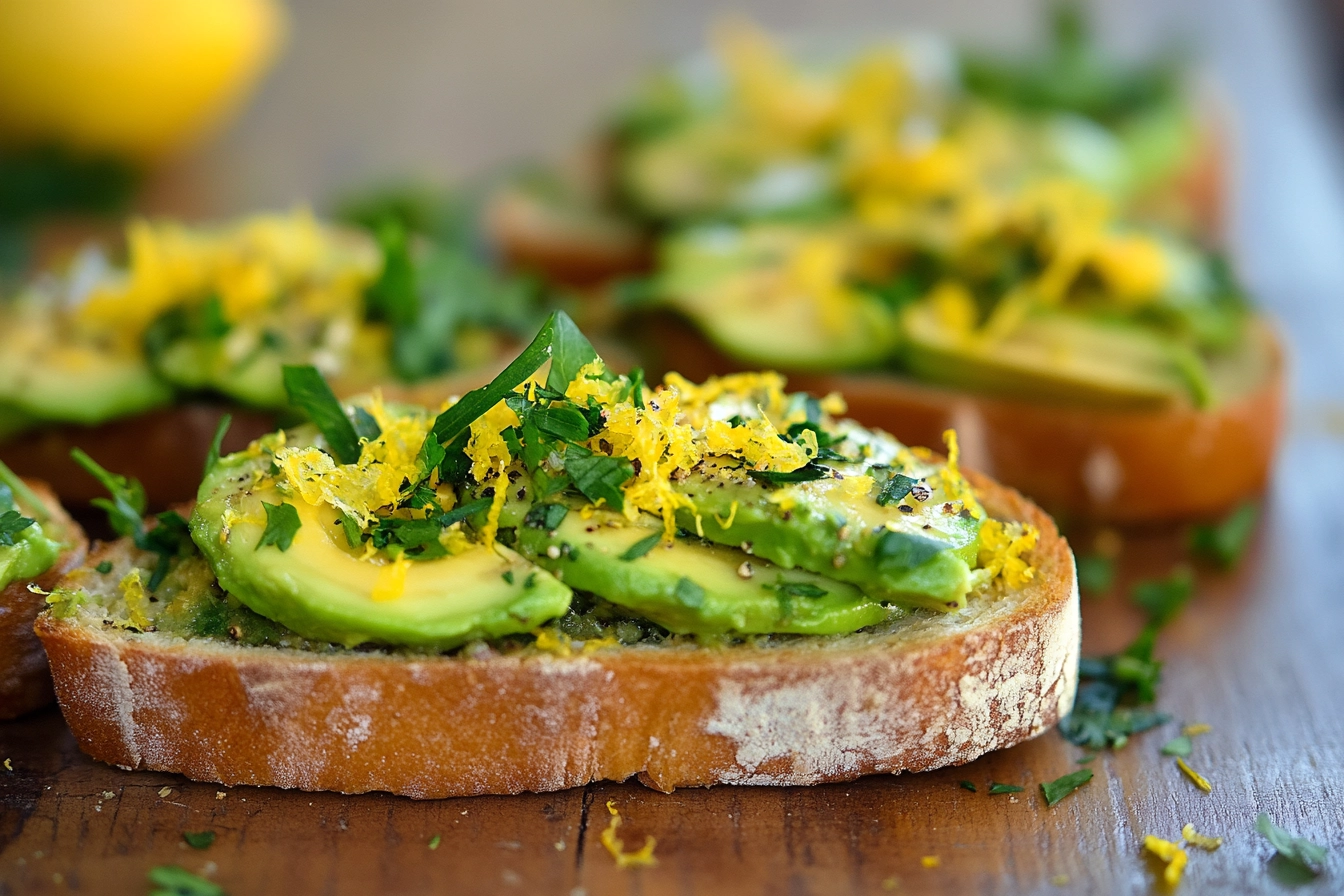 Close-up of a beautifully prepared avocado toast with lemon zest and herbs on a wooden table