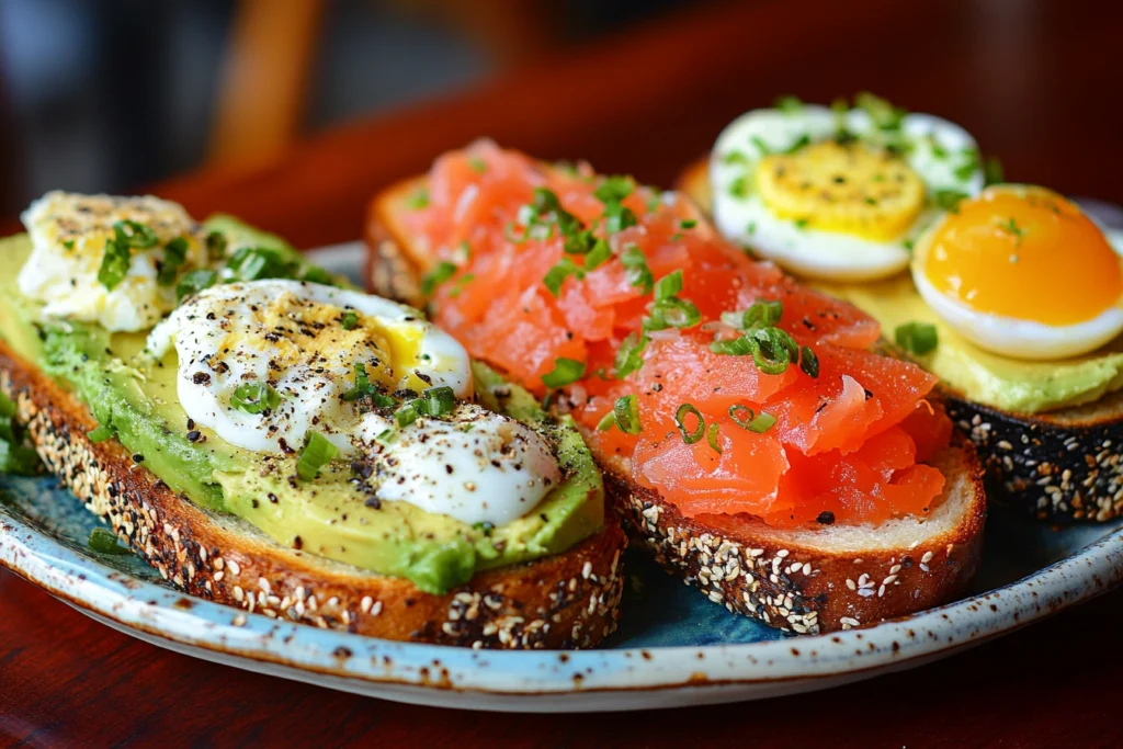 A variety of avocado toast styles with different toppings