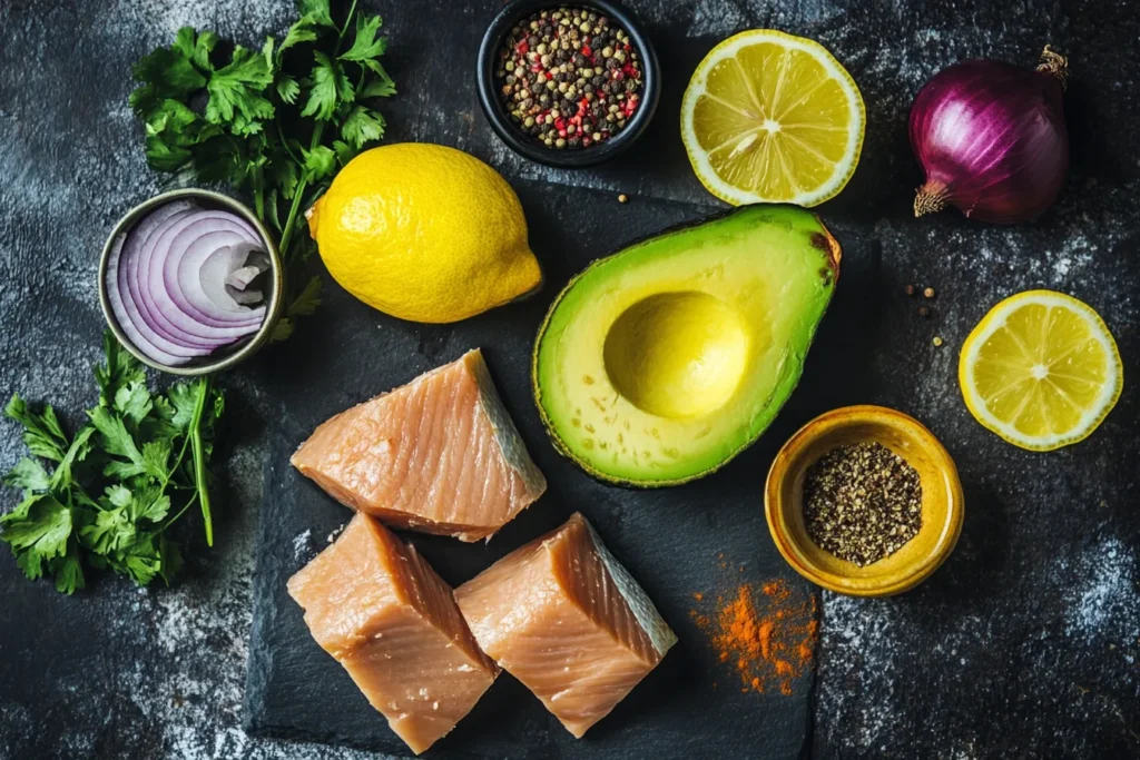 Overhead view of avocado tuna salad sandwich ingredients
