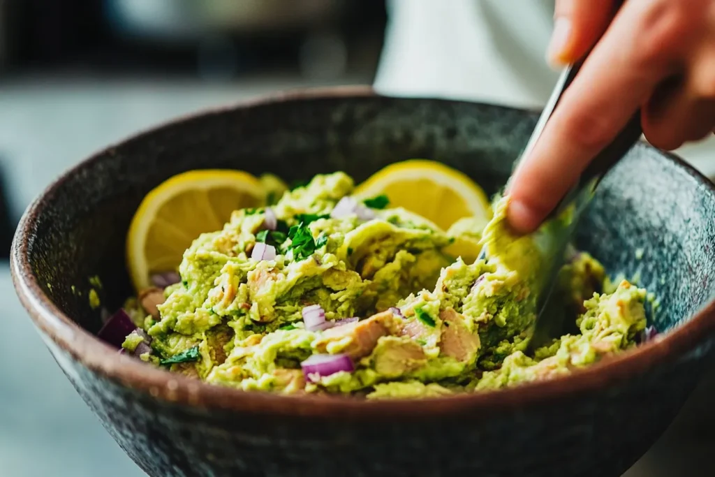 Mixing avocado and tuna salad ingredients in a bowl