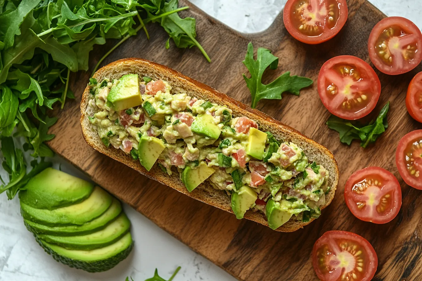 Top-down view of an avocado tuna salad sandwich with tomatoes and lettuce