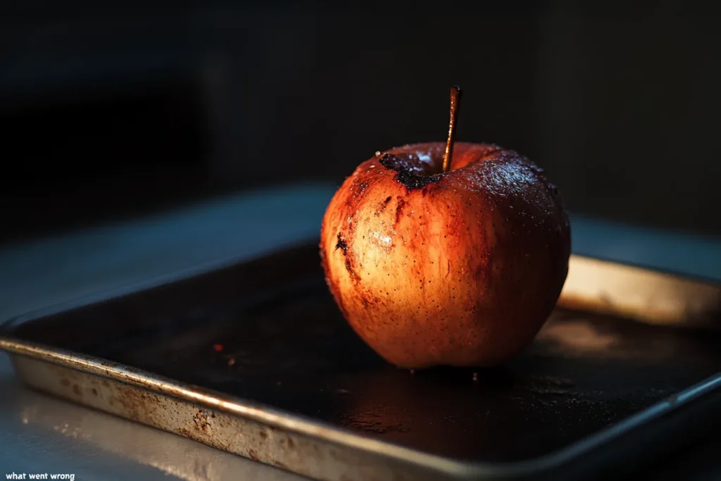 A cracked and collapsed baked apple as an example of overbaking