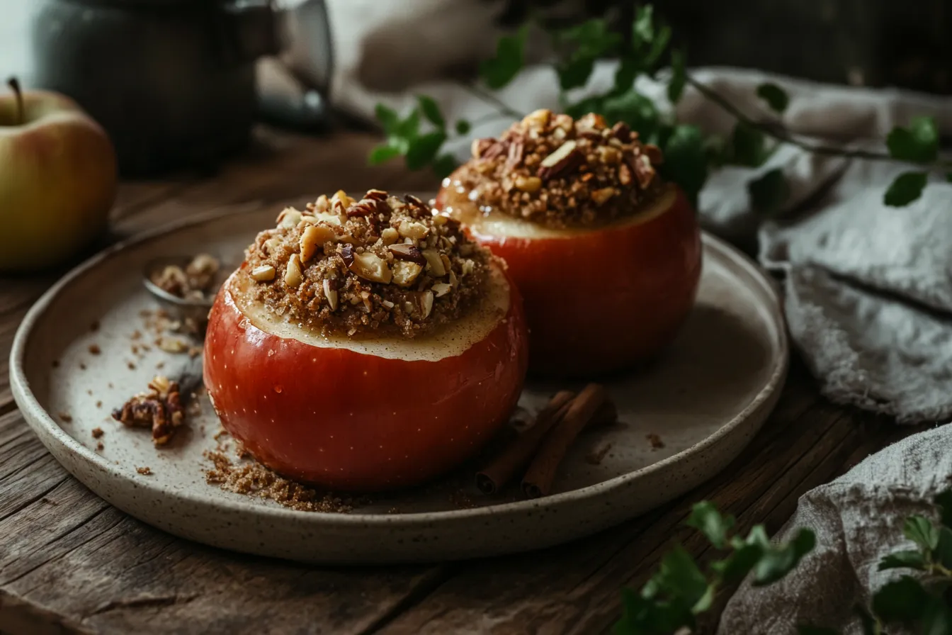 Fresh baked apples with cinnamon and nut filling on a plate