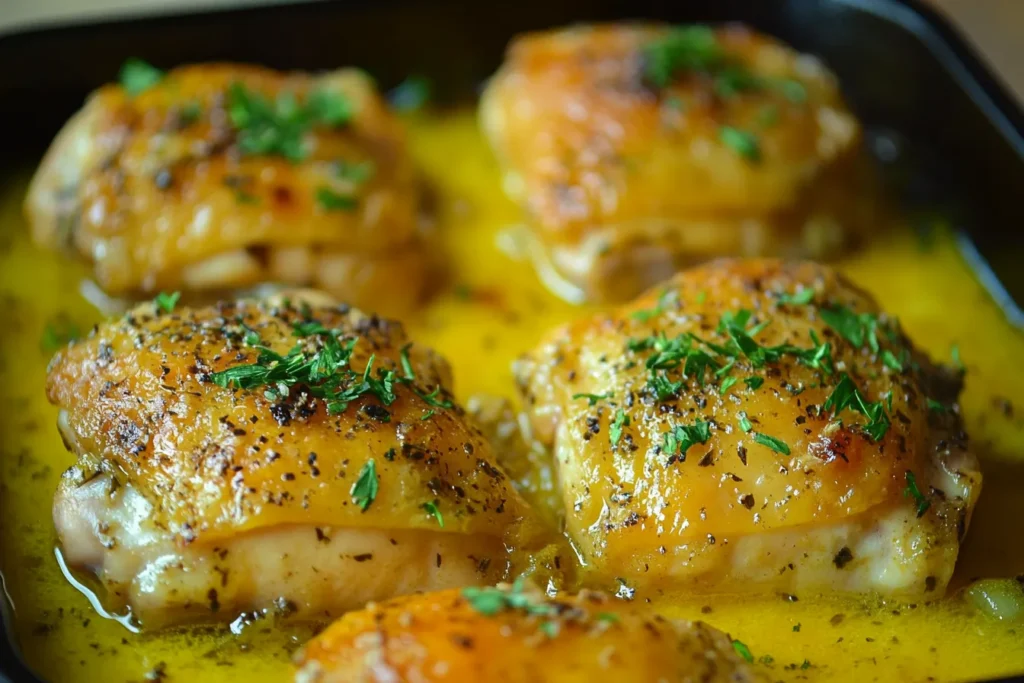 Oven-baked garlic herb chicken thighs with crispy edges and fresh herbs