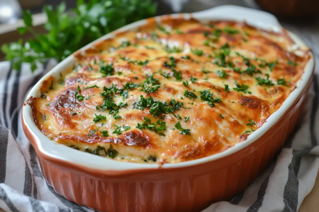 Oven-baked Marry Me Salmon in a casserole dish