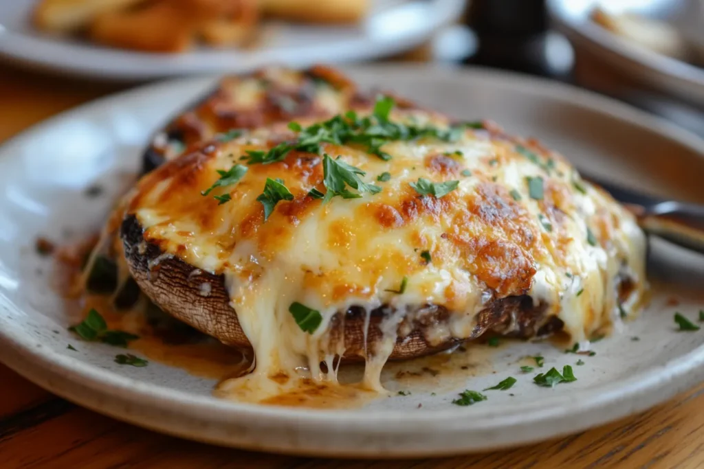 Golden baked breakfast stuffed mushrooms fresh out of the oven
