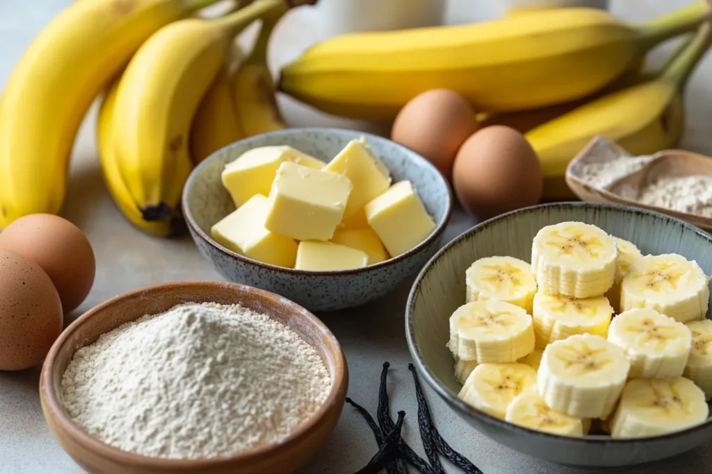 Ingredients for classic banana bread recipe arranged on counter