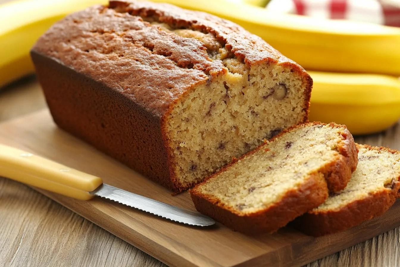 Freshly baked banana bread sliced and ready to serve