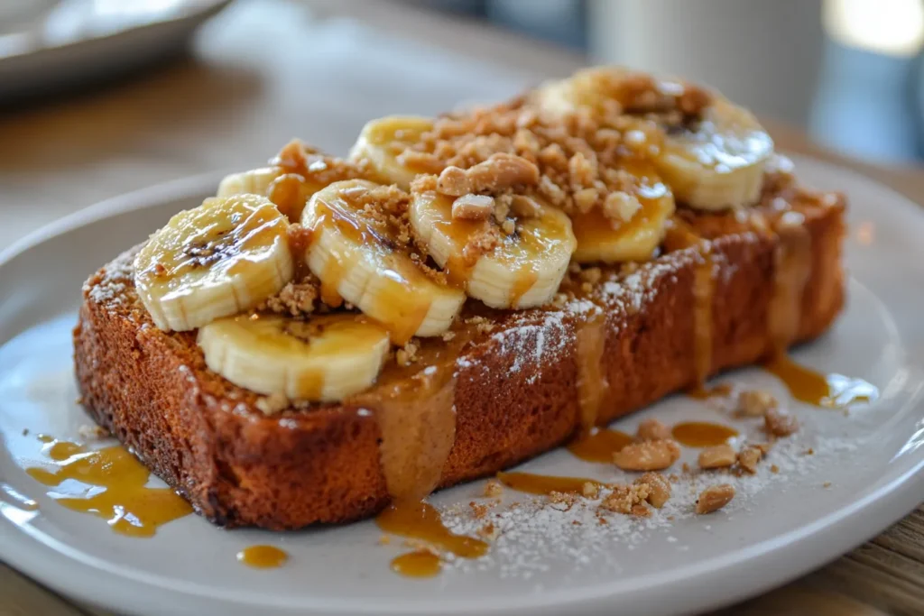Toasted banana bread with nut butter and fresh banana topping
