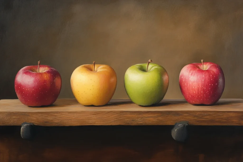 Different types of apples ideal for baking placed on a wooden board