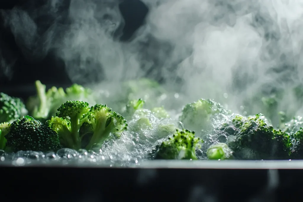 Broccoli being blanched and cooled in an ice bath for the salad