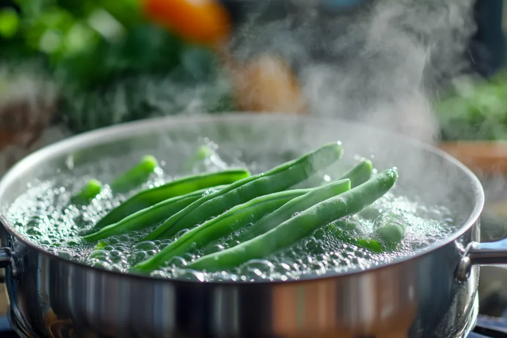 Green beans blanching in hot water during salad prep