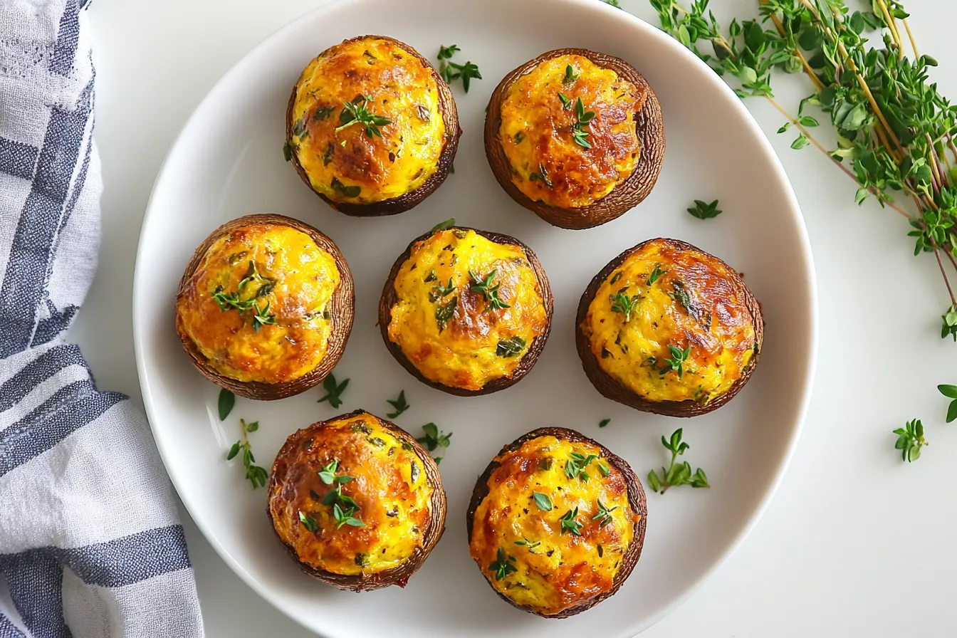 Baked breakfast stuffed mushrooms with golden tops and herb garnish
