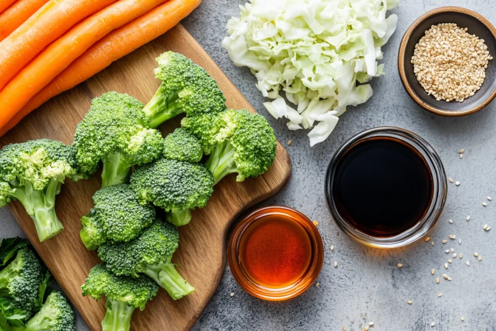 Fresh ingredients for broccoli salad with sweet miso dressing