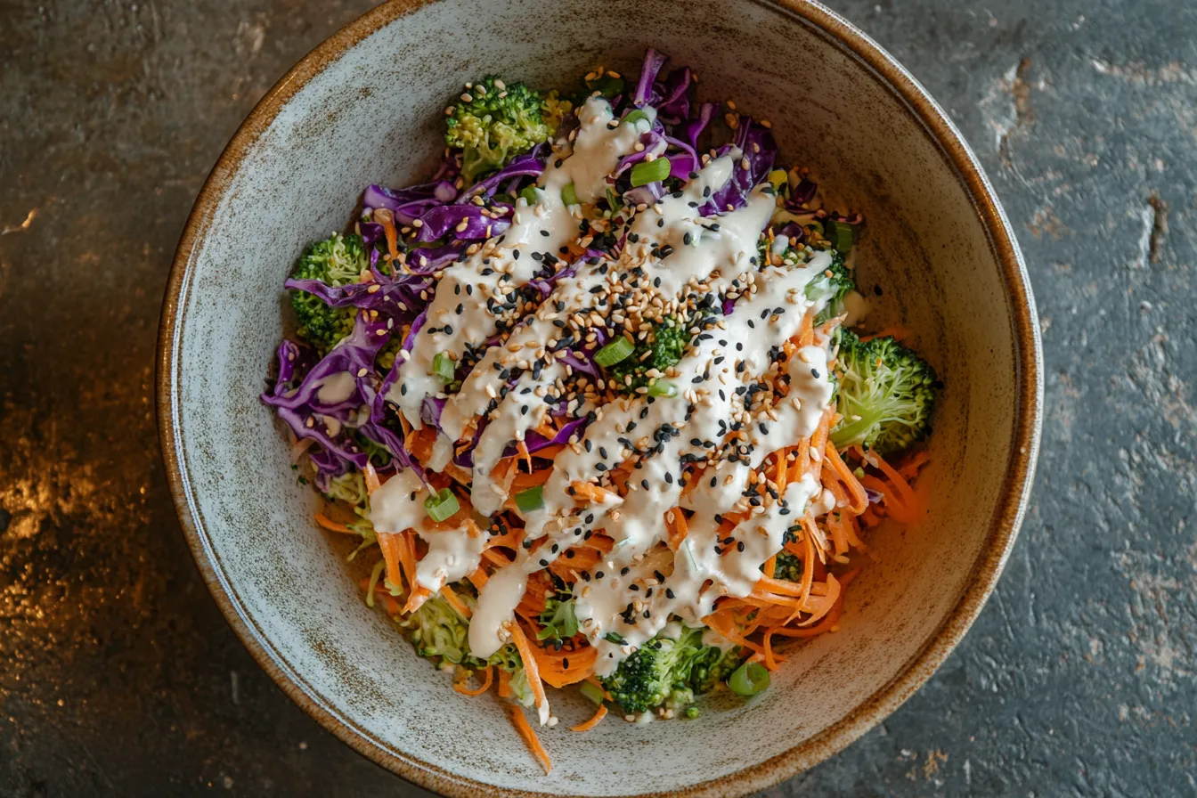 Vibrant broccoli salad with sweet miso dressing and colorful veggies in a bowl