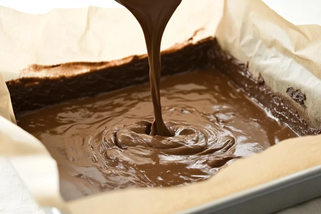 Pouring sweet potato brownie batter into a baking dish