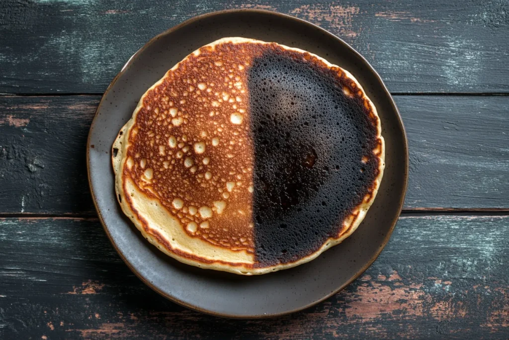Burnt and perfectly golden pancakes side by side comparison