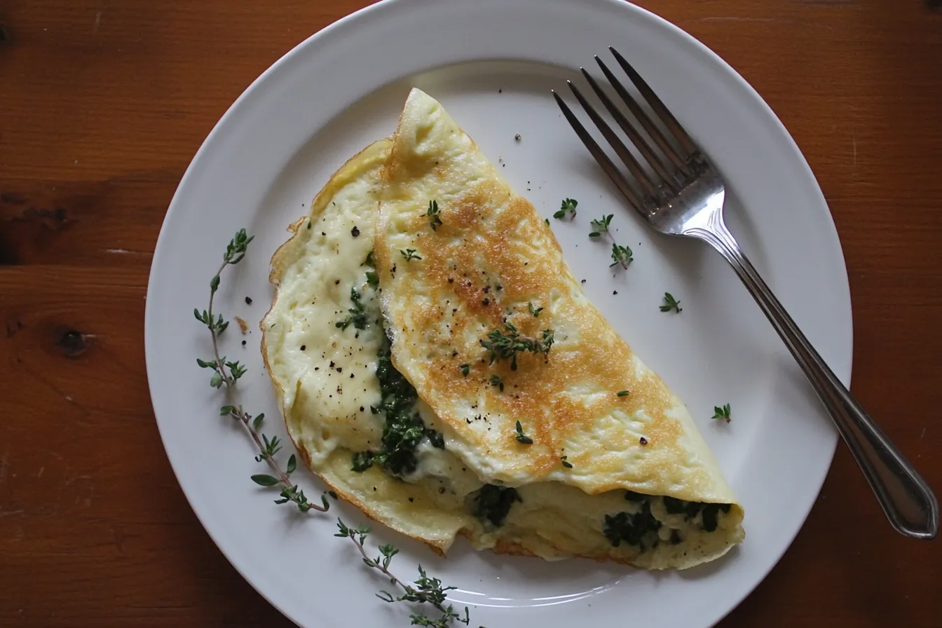 Cheese and greens omelet served hot on a white plate with herbs