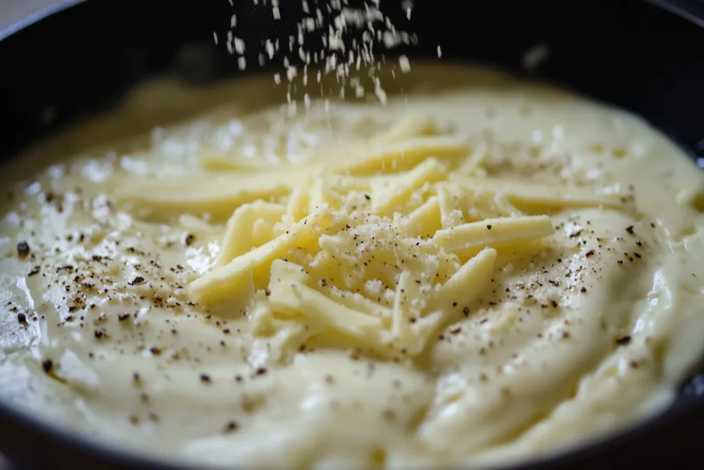 Shredded cheese being added to an omelet during cooking