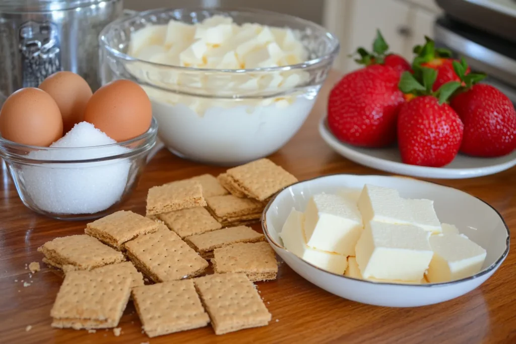 Basic cheesecake ingredients on a kitchen counter	